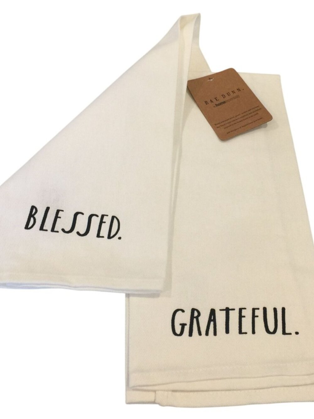 Rae Dunn GRATEFUL BLESSED White Kitchen Towels Set of Two 16” x 28”